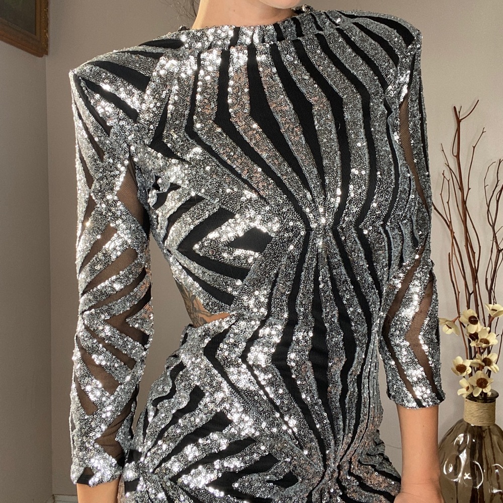 Sequin Long Sleeve Cut Out Back Mini